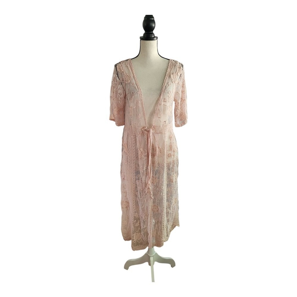 POL Blush Pink Lace & Embroidery Long Duster Cover-Up Top M/L 100%‎ Cotton